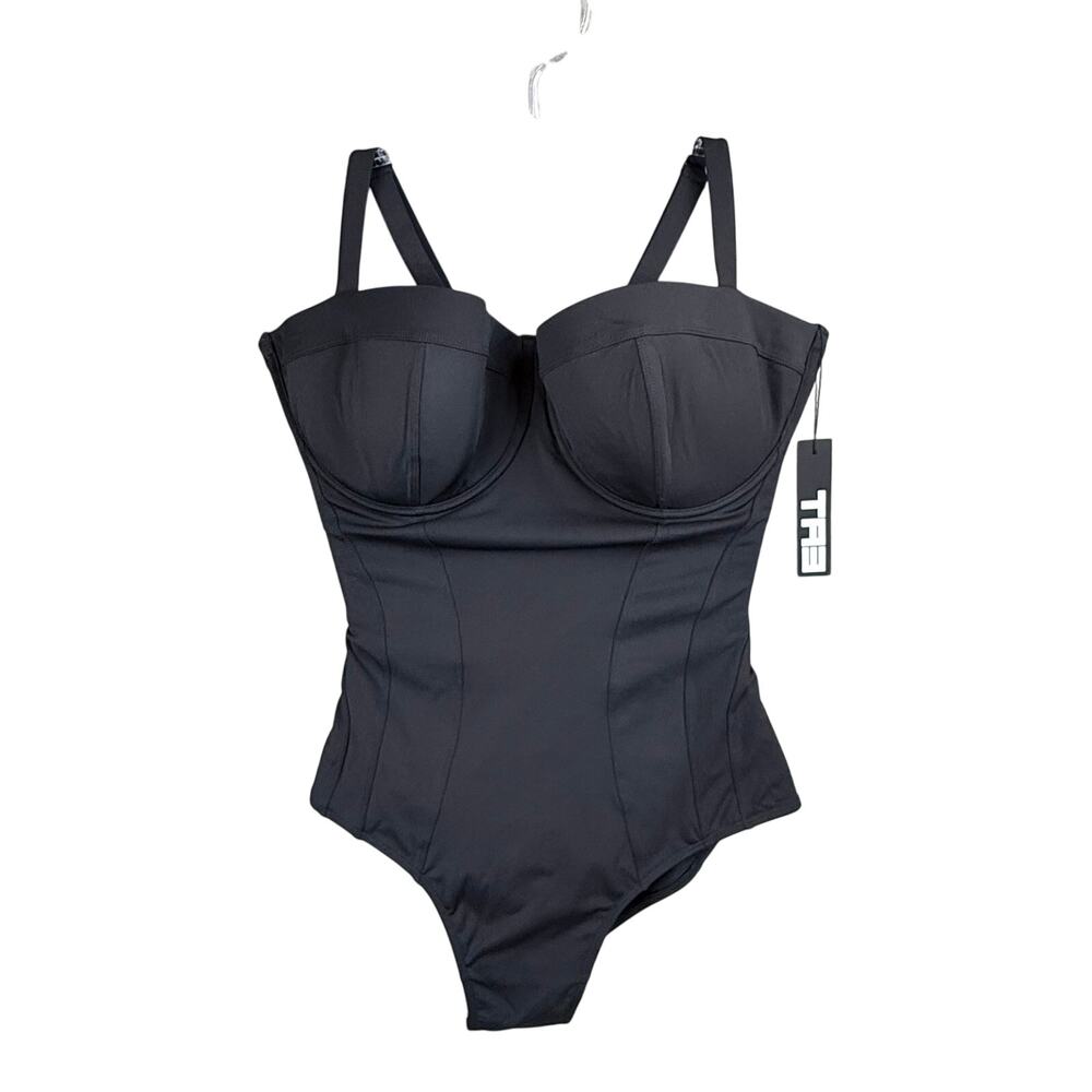 TA3 Pushy Black Corset Lace-Up One-Piece Swimsuit Large F/G Cup